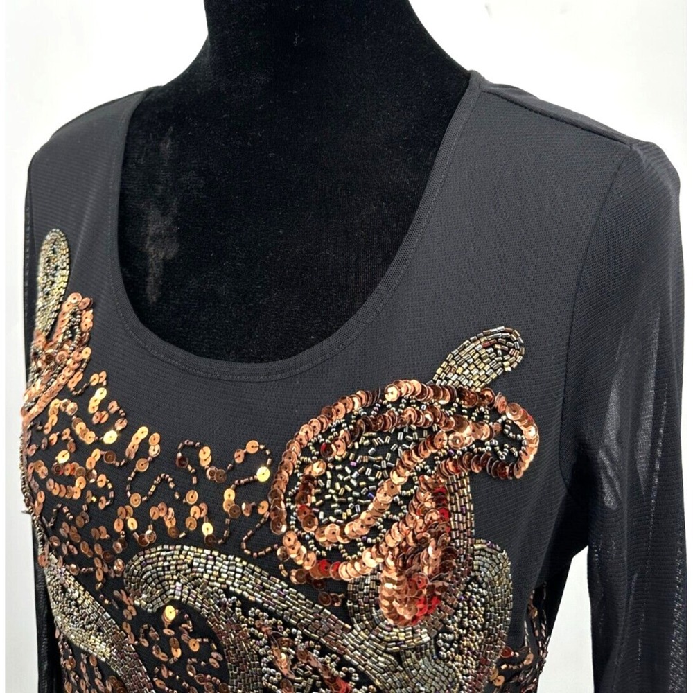 Cartise Womens Scoop Neck Long Sleeve Top Large Black Bronze Sequin Knit - Picture 5 of 14
